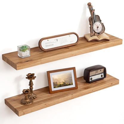 Floating Shelves for Wall Decor, 8" Deep Rustic Solid Elm Wood Floating Shelves Wall Mounted, Wall Shelves with Invisible Bracket for Living Room Bathroom Bedroom Kitchen, 32 Inch Set of 2, Natural