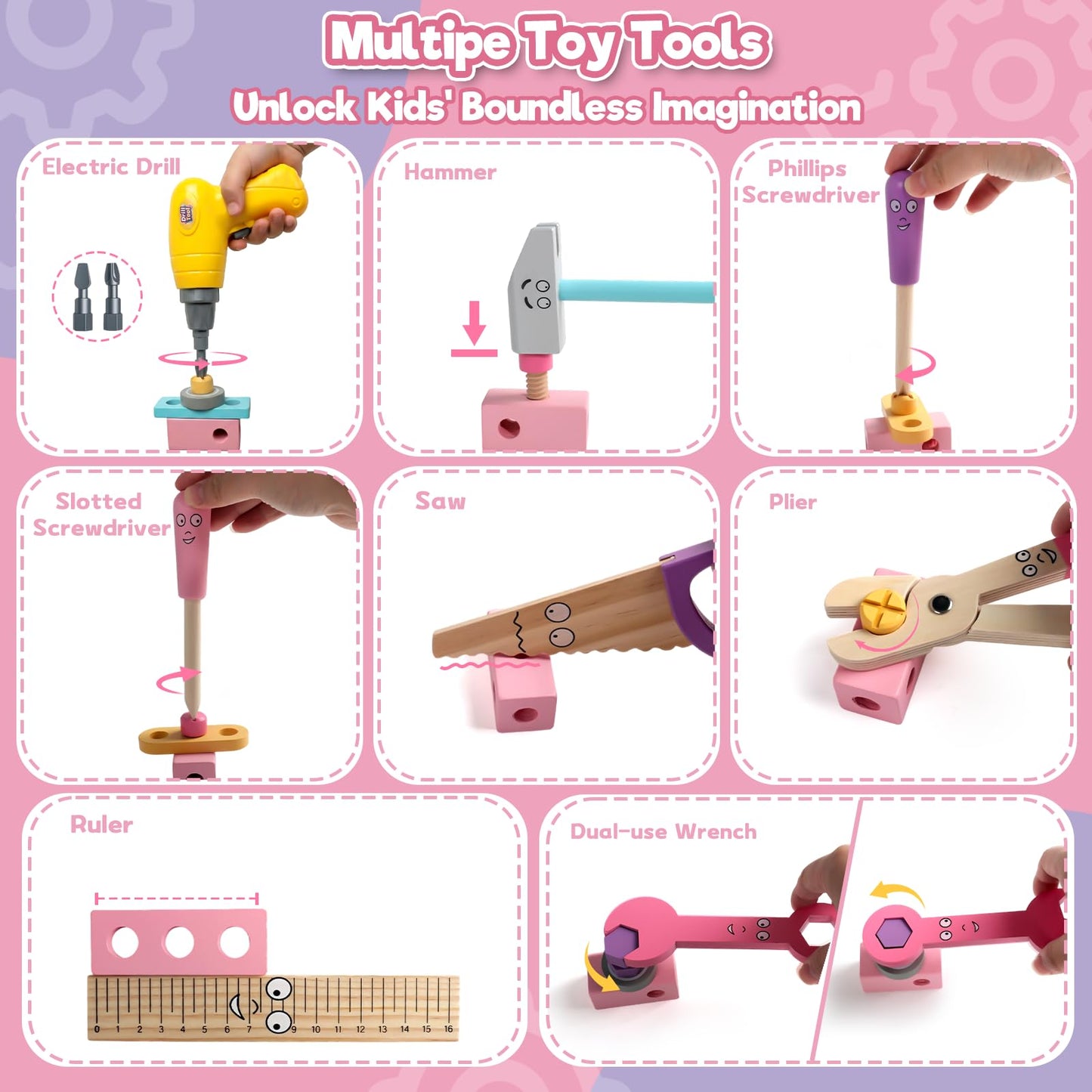 Wooden Kids Tool Set with Drill Montessori Toys for 3 Year Old Girl 44Pcs