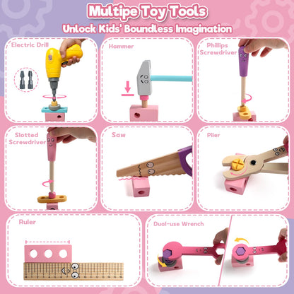 Wooden Kids Tool Set with Drill Montessori Toys for 3 Year Old Girl 44Pcs