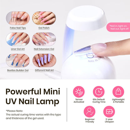 Beetles Tipex Instant Apex Nail Tips Kit, Coffin Long 224Pcs 16 Sizes Pre-Building & Pre-Etched Thicker Acrylic Nails False Nail Extension with Tipex Nail Glue Mini Nail Lamp