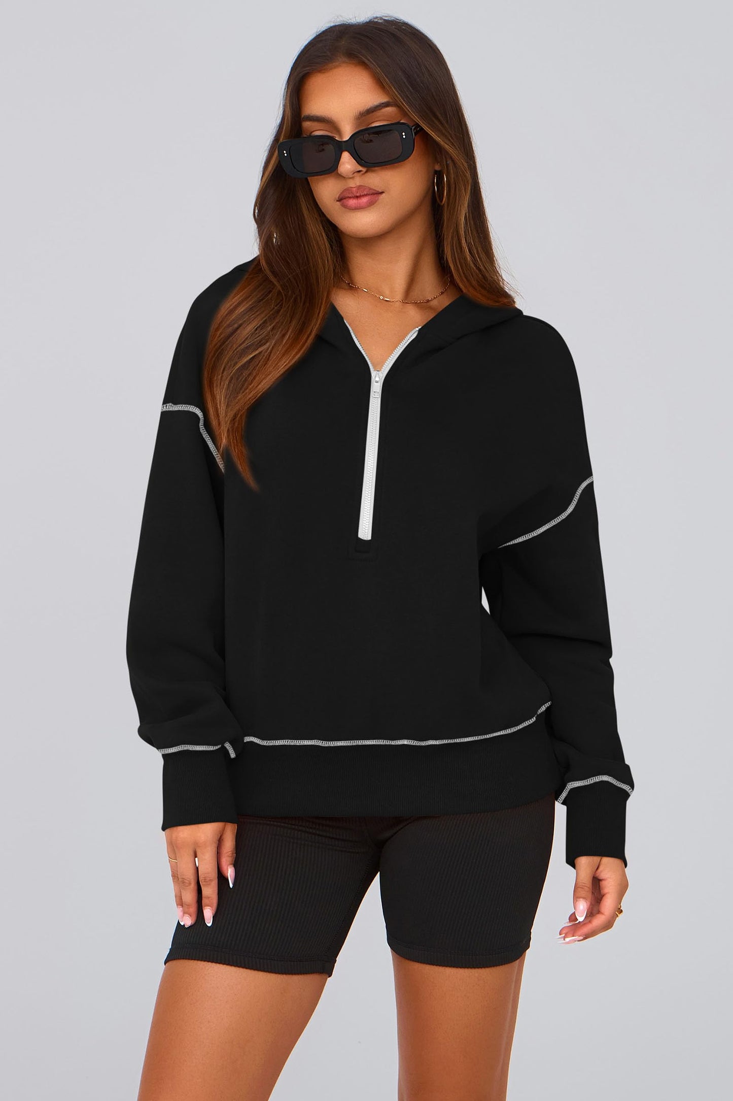 PRETTYGARDEN Women's Hooded Sweatshirts Long Sleeve Half Zip Cropped Hoodie Pullover Winter Fashion Clothes (Black,Large)