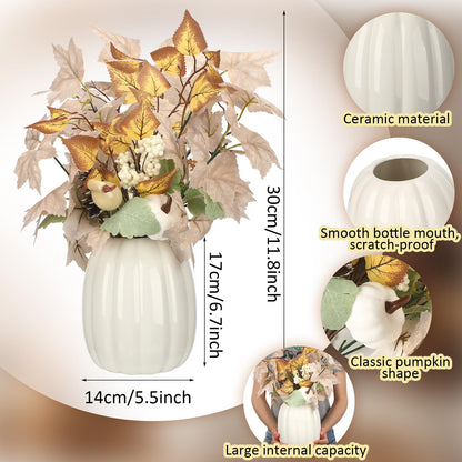 Beeveer Fall Table Centerpieces White Ceramic Pumpkin Vase Decor with Artificial Maple Leaves and Berries Thanksgiving Harvest Home Decor