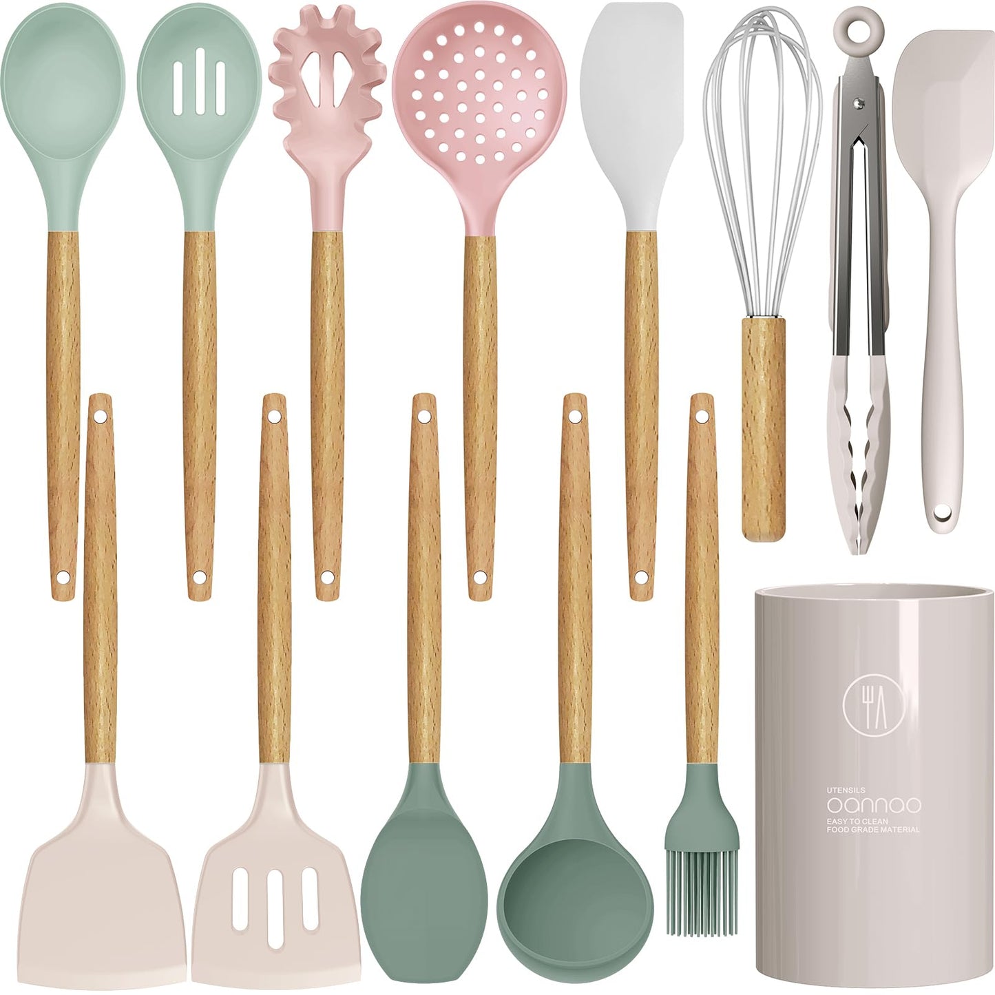 oannao Silicone Cooking Utensils Set - 446°F Heat Resistant Silicone Kitchen Utensils for Cooking,Kitchen Utensil Spatula Set w Wooden Handles, BPA FREE Gadgets for Non-Stick Cookware (Colorful)
