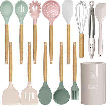 oannao Silicone Cooking Utensils Set - 446°F Heat Resistant Silicone Kitchen Utensils for Cooking,Kitchen Utensil Spatula Set w Wooden Handles, BPA FREE Gadgets for Non-Stick Cookware (Colorful)