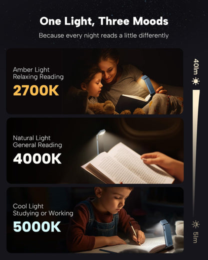 86lux Book Light, Rechargeable Clip-On LED Reading Light for Bed & Night Use - 3 Color Temperatures with Stepless Dimming, Ultralight Bookmark Design for Kids, Book Lovers, Grey