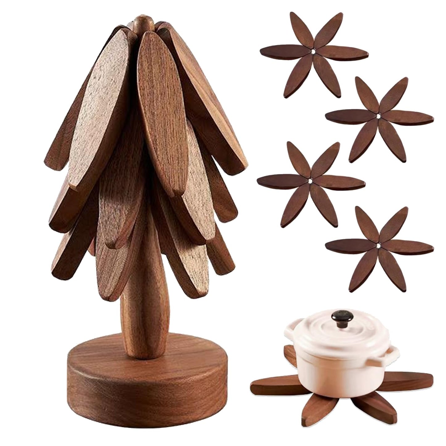Wooden Tree Coasters, Trivets for Hot Dishes, Trivets for Hot Pots and Pans, Wooden Tree Trivet Set - 3 or 4 Wooden Trivet + 1 Stand, Christmas Coasters (Walnut,4pcs-A)