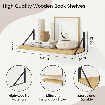 Feihorrm Book Shelf Set of 3, 16 inch Wall Mounted Bookshelf with Metal Brackets, Wall Shelves, Oak Book Shelves, Shelves on Wall, Wooden Bookshelves for Bedroom & Living Room