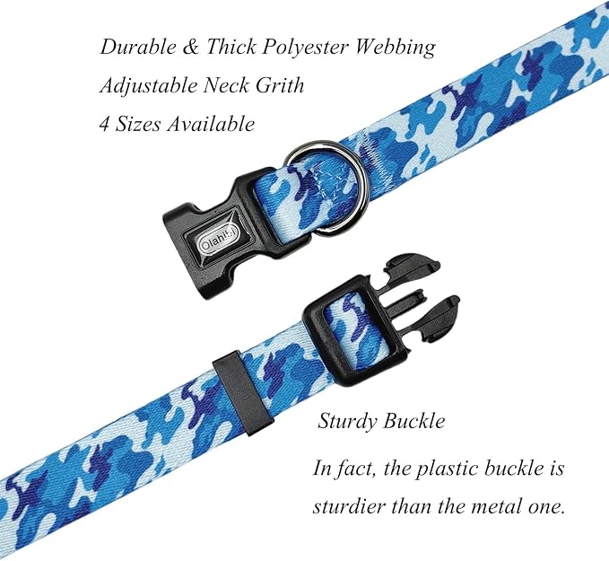 Dog Collar Leash Set, Camouflage Pattern, Polyester Material, Adjustable Collar and 5ft Matching Leash, for Large Dogs.(L, Blue Camo)