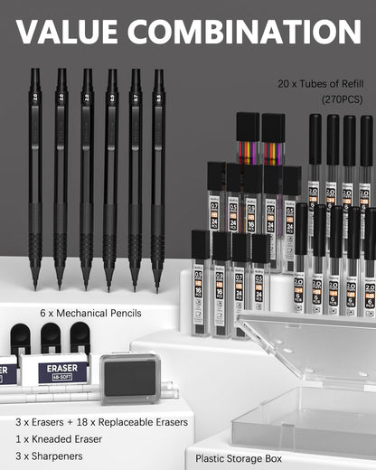 Nicpro 35PCS Black Metal Mechanical Pencils Set in Case, Art Drafting Pencil 0.5, 0.7, 0.9 mm & 3PCS 2mm Graphite Lead Holder for Drawing Sketching With 20 Tube Lead Refills(6B 4B 2B HB 2H 4H Colors)