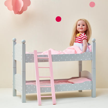 Olivia's Little World 18 in. Doll Wooden Convertible Bunk Bed Stacked on Top or Unstacked as Two Single Beds, Gray with White Polka Dots and Pink Accents