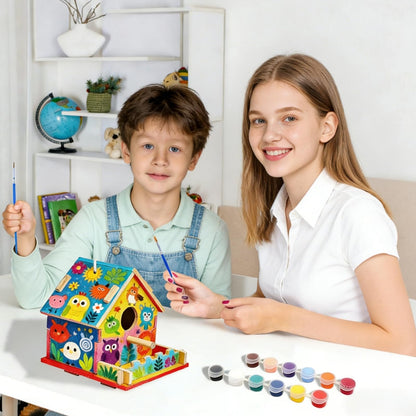 4 Pack DIY Birdhouse Kit to Build and Paint for Birthday Gifts, Unfinished Wooden Bird Houses for Outdoors with Paints Brushes and Hanging Chain, Fun Classroom Activity for Crafts Arts Project