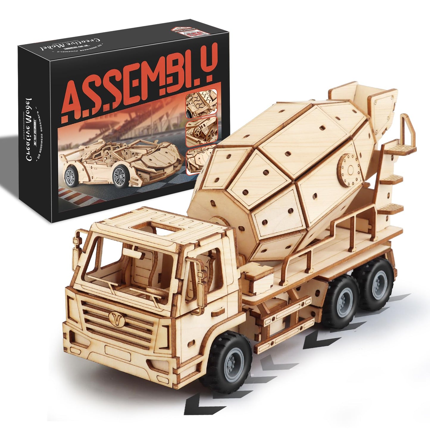 MOCBURIKU 3D Wooden Puzzles Cement Mixer Truck for Adults to Build, 165pcs Wood Craft Model Cars Building Kits with Pull Back 360° Rotatable Mixer Action,Hobby Gifts for Adults Men Teens
