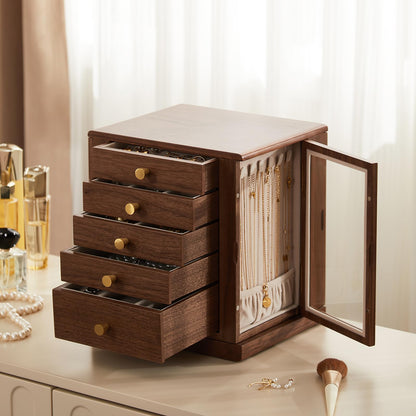 CHOSIN Black Walnut Wooden Jewelry Box, 360° Rotating Organizer with Glass Lid, 5 Drawers for Earrings, Rings, Necklaces – Vertical Jewelry Storage for Women, Ideal Gift for Her, Fathers Day Gift