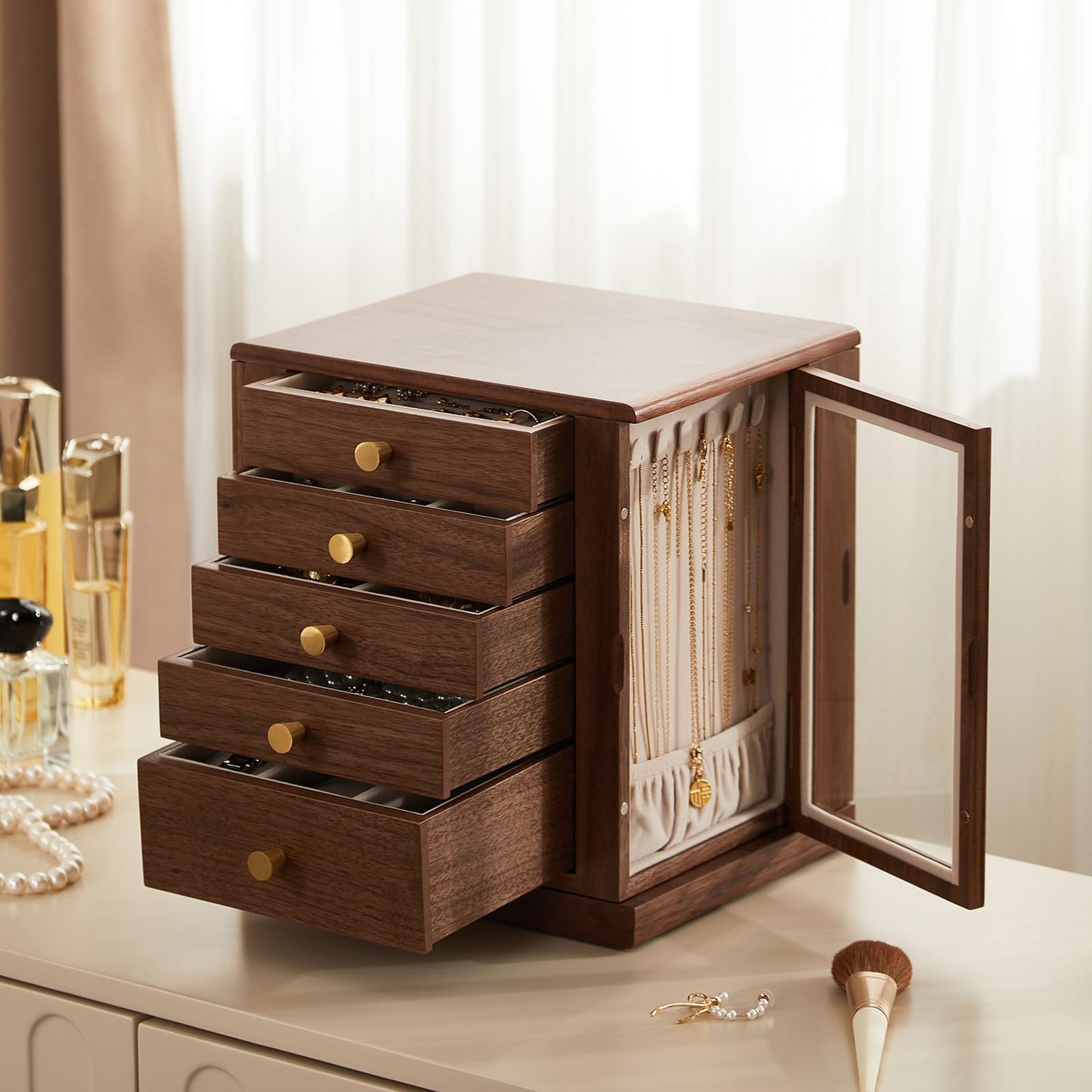 Homruilink Black Walnut Wooden Jewelry Box - 360° Rotating Jewelry Organizer for Women with 5 Drawers for Rings,Necklaces,Earrings and Bracelets -Large Storage Case - Fathers Day Gift
