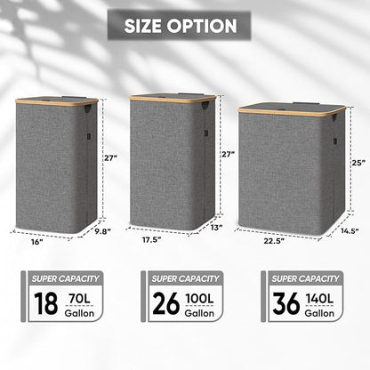 BALEINE Laundry Hamper with Lid, Tall Laundry Baskets with Bamboo Pull Handles