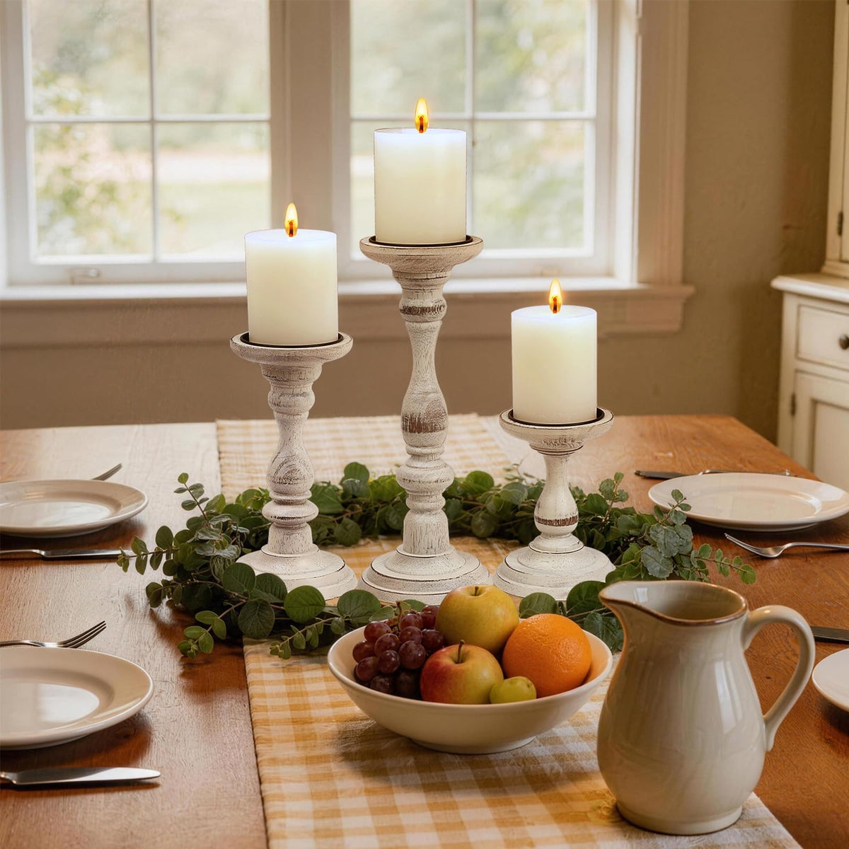 Rustic Distressed Wooden Candle Holder Set of 3 for Pillar Candles, Farmhouse Wood Candle Stands for Table Centerpieces & Living Room Home Decor (Rubber Wood(Distressed White))