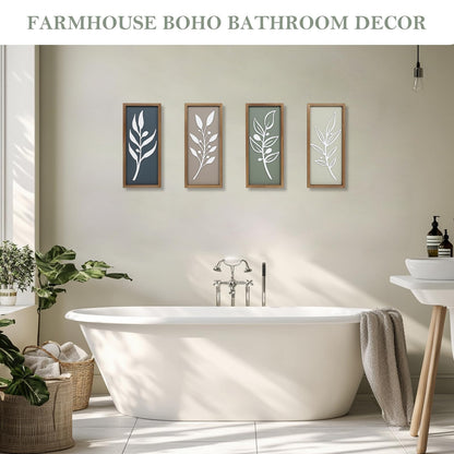 3D Tree Leaf Wooden Framed Boho Wall Art (Set of 4) Lightweight, Minimalist Botanical Farmhouse Bathroom Wall Decor For Living Room Bedroom Kitchen Office Hallway Decorations