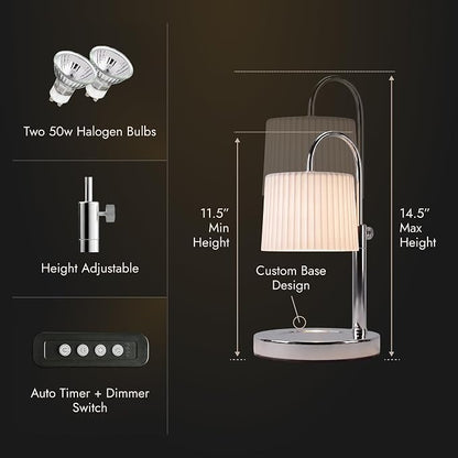 Dimmable Glass Candle Warmer Lamp with Timer - Adjustable Height Candle Lamp Warmer with Timer (8H/4H/2H) - Wax Melter - Ideal Gift, fits Various Size Scented Candles - 02 Bulb - (Silver Chrome)