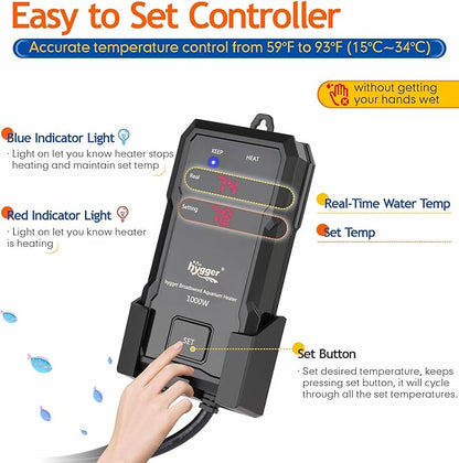 hygger 800W Aquarium Heater with Controller, Adjustable & Submersible Fish Tank Heater with Digital Display Safety Triple Protection Beeping Alarm for Saltwater and Freshwater 80-220 Gallon