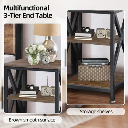 End Tables with Storage Shelf, 12" Deep x 16" Wide x 24" High, Small Side Table 3-Tier, End Tables Living Room Farmhouse, X-Shaped Night Stands for Bedrooms Bedside Tables, End Table Wood and Metal