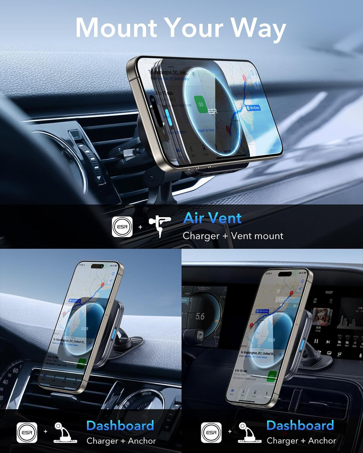 ESR for MagSafe Car Mount Charger, 15W Magnetic Wireless Car Charger, Compatible with MagSafe Car Charger, Air Vent/Dashboard Phone Holder Mount for iPhone 16/15/14/13/12, Fast Charging, Black