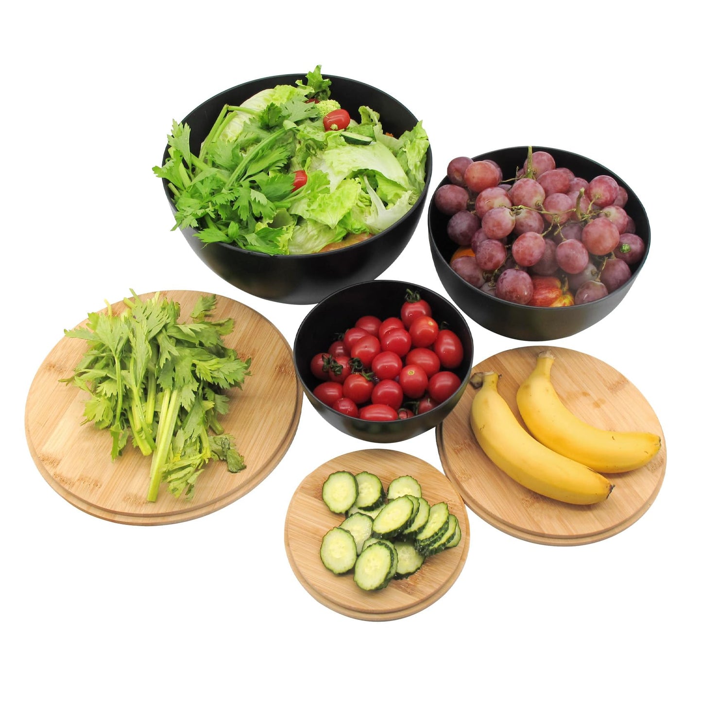 ECOWAY Salad Bowl Set of 3 with Bamboo Wooden Lids, Mixing Bowls Set, Nesting Bowls for Space Saving Storage, Made with Durable Eco-Friendly Bamboo Fiber, Great for Prepping and Serving Food, Black