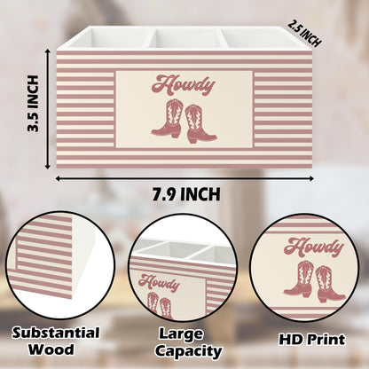 QZQE Pink Western Cowgirl Pen Pencil Holder Organizer for Desk, Pink Striped Howdy Western Boots Wooden Box Signs Decorations for Girls Room Bedroom Desk Tabletop, Cowgirl Gifts for Women