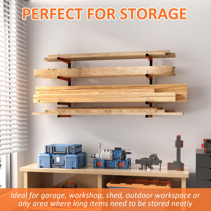 Mogbhw 2 Pack Lumber Storage Rack, Wall Mount Removable & Adjustable Lumber Rack with 4-Level Holds Up 520 Lbs, Heavy Duty Metal Garage Wood Rack for Workshop, Basement, Indoor and Outdoor