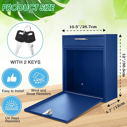 Yaocom Locking Mailbox with Key for Outdoor 12 x 10.5 x 4.7 Inches Large Wall Mount Mail Box with Lock Security Mail Drop Metal Collection Boxes Hanging Secure Postbox(Dark Blue)