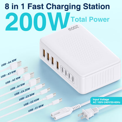 QZIIW 200W GaN III USB C Charging Station, 8-Port (4C+4A) Fast Charger Hub, Universal Wall Charger Block for iPhone 17/16/15/14 Pro Max, iPad, Samsung Galaxy Note, Pixel, Laptops & More
