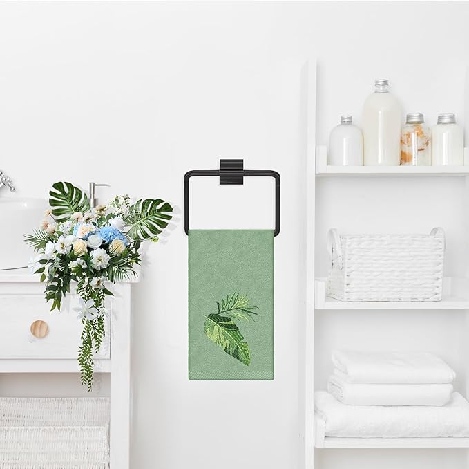 3Pcs Sage Green Gradient Hand Towels Tropical Palm Leaves Embroidered Cotton