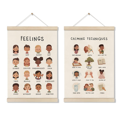 DOI-LANEE Feelings Chart 16x12 Inch, Mental Health Poster Hanger Frame, Montessori Emotions Poster Wall and Therapy Office Decor, Psychology Gifts, Set of 2 Preschool Classroom Decor