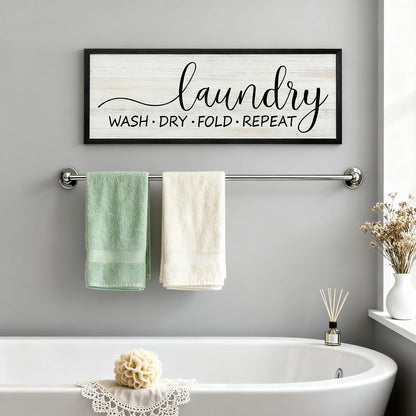 Wash Dry Fold Repeat Wooden Sign Framed Wall Art, Horizontal Motivational Laundry Room Quote Wood Plaque above the Bathtub, 32''×12'' Farmhouse Long Saying Wood Sign Wall Decor for Washing Room