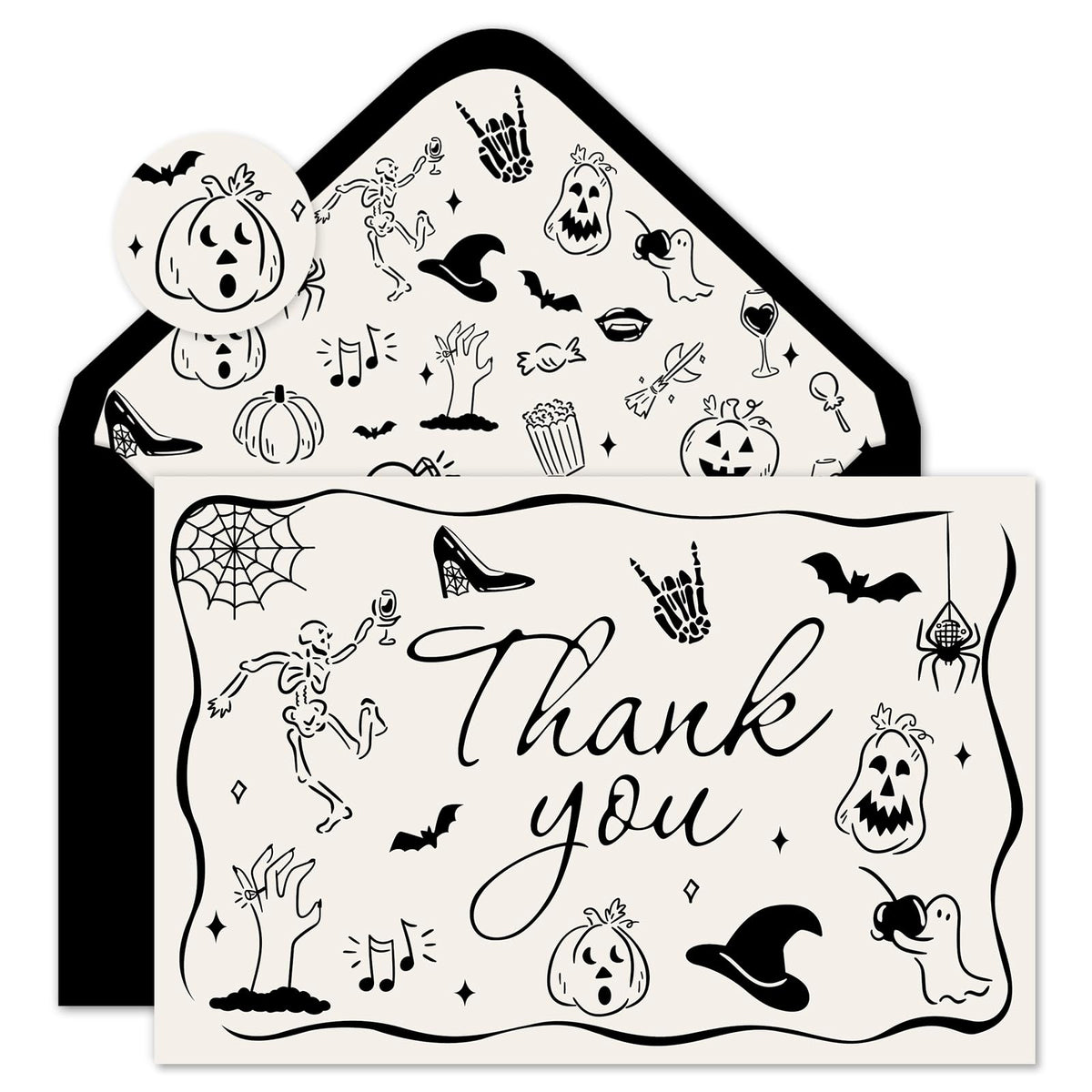 Whaline 24 Pack Halloween Thank You Cards Black Skeleton Pumpkin Ghost Thank You Greeting Note Card with Envelope Sticker for Birthday