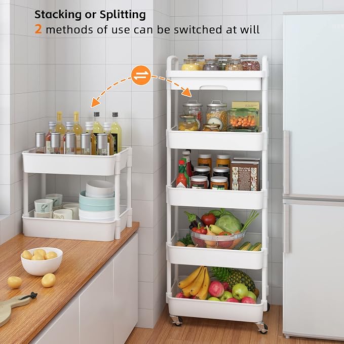 Calmootey 5-Tier Rolling Utility Cart with Drawer,Multifunctional Storage Organizer with Plastic Shelf & Metal Wheels,Storage Cart for Kitchen,Bathroom,Living Room,Office,White