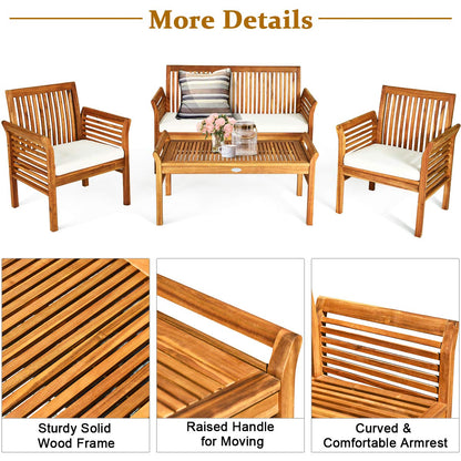 Tangkula 4 Piece Outdoor Acacia Wood Sofa Set with Water Resistant Cushions, Padded Patio Conversation Table Chair Set w/Coffee Table for Garden, Backyard, Poolside (1)