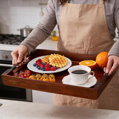 Acacia Wood Tray - 17X13 Large Ottoman Decorative Wooden Trays with Handle for Coffee Table, Kitchen Counter and Living Room - Rectangle Serving Tray for Countertop