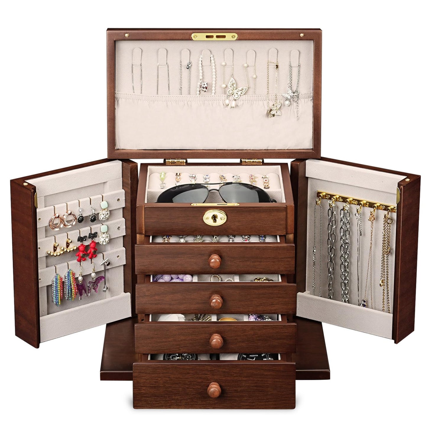 Artisticbox wooden Jewelry Box and Organizer - 8-Layer Lockable Wooden Jewelry Boxes for Women - Large Jewelry Boxes and Organizer with Key,Gift for Wife,dresser top jewelry box with lock