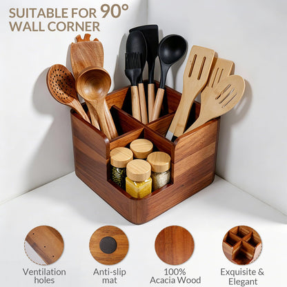 Liberal Brightdeer Large Kitchen Utensils Holder with 4 Compartments,Corner Utensil Caddy for Countertop,Acacia Wooden Utensil Organizer for Kitchen Countertop, Farmhouse Decor