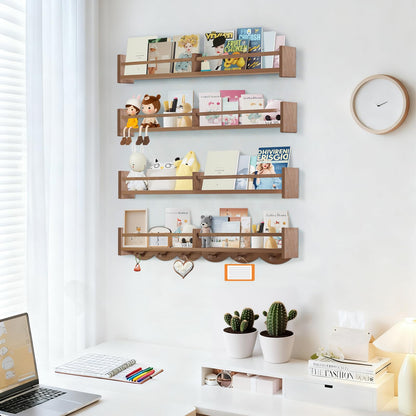 Dixryaus 34Inch Nursery Book Shelves Wall Mounted, Floating Book Shelf for Kids Coat Rack with 6 Hooks, Wall Hanging Shelf for Baby Nursery Room Organizer ，Patent Number:US-D1058229-S(4, Light Brown)