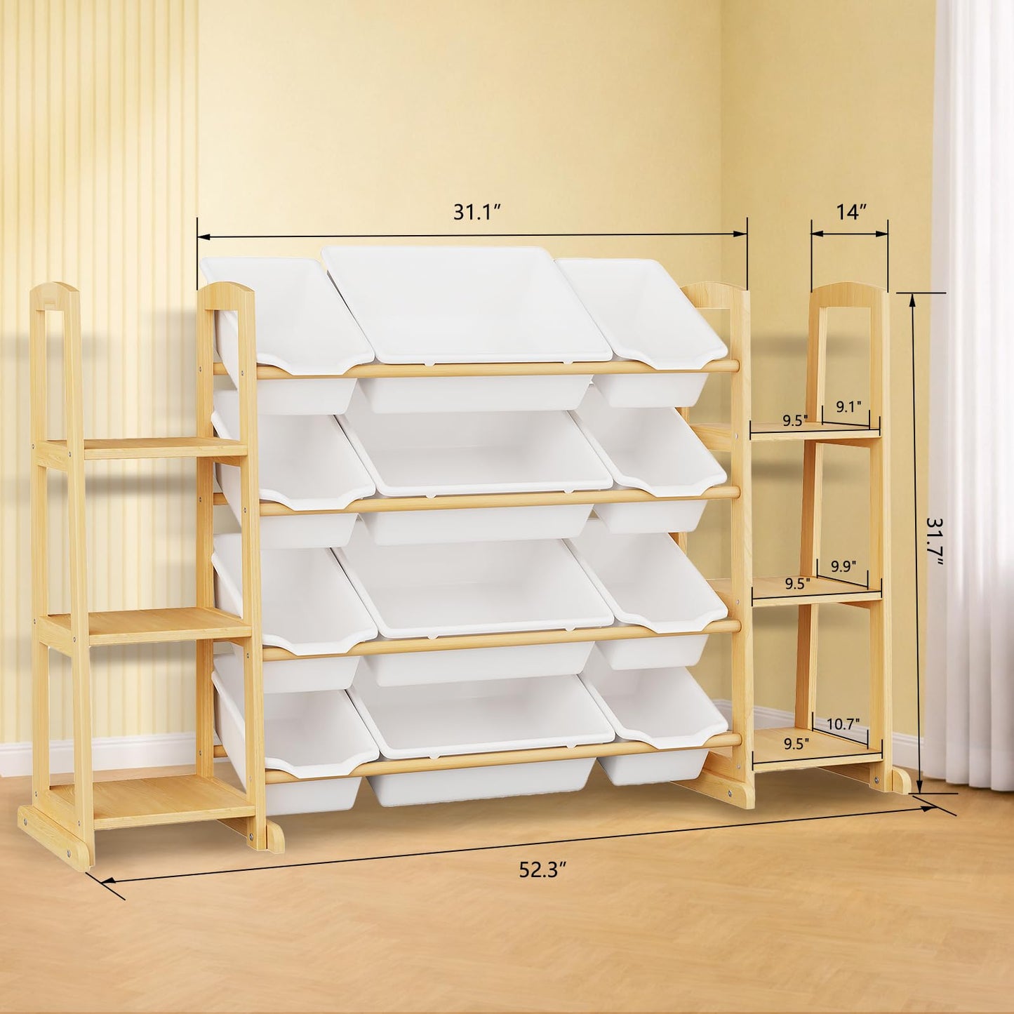 Etitlly Toy Storage Organizer with Bookshelf – Wooden Toy Organizer with 12 Toy Bins & 6 Tier Bookcase,Quick Assembly Kids Bookshelf,Toy Bin for Playroom, Bedroom, Nursery– White