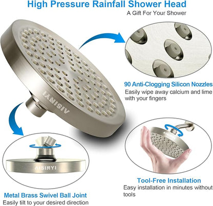 High Pressure Rainfall Shower Head, 6 Inches Luxury Showerhead with Perfect Adjustable Replacement, Removable Restrictor, Easy Installation for Your Bathroom Shower Heads (Brushed Nickel)
