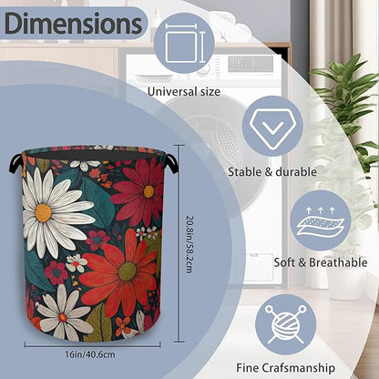 Retro Red Daisy Flowers Laundry Hamper, Dirty Clothes Laundry Basket