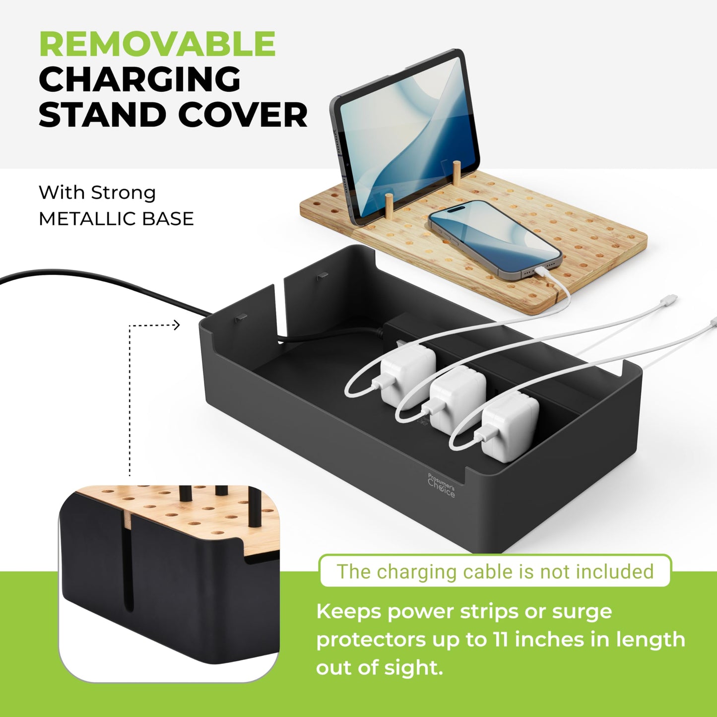 Prosumer's Choice Black Wooden Charging Station Organizer for Multiple Devices - Cable Management Box with 5 Slots and Removable Dividers - Charger Organizer for Phone, Tablet, Home, Office, 12"x6"x7"