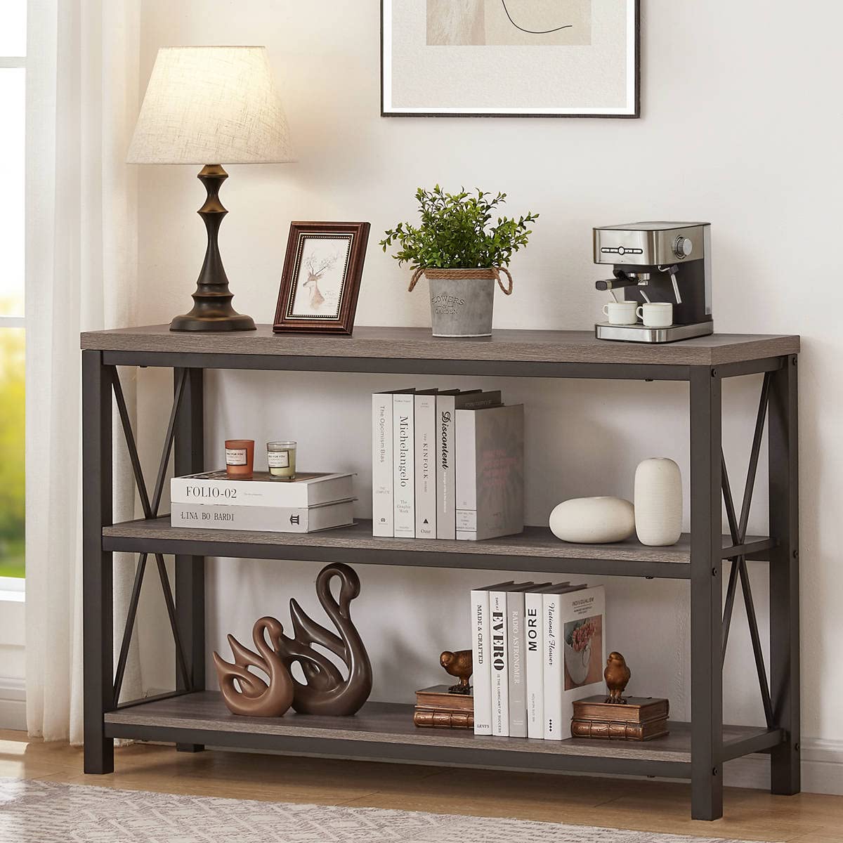 BON AUGURE Gray 3-Tier Console Table with Storage Shelves and Matching Entryway Bench for Hallway, Living Room or Foyer (Dark Grey Oak)