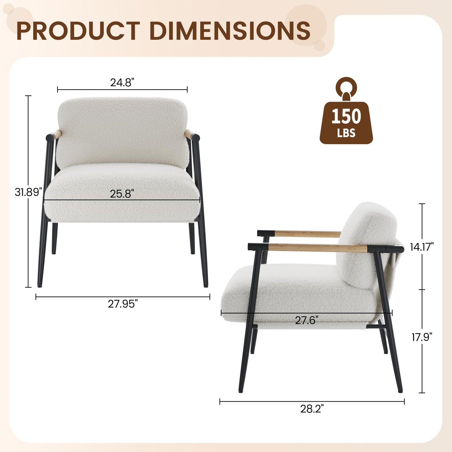 Garvee Modern Accent Chair, Comfy Chair with Metal Frame Wooden Armrest, Cozy Reading Chair with Soft Cushion for Bedroom, Living Room, White Set of 2