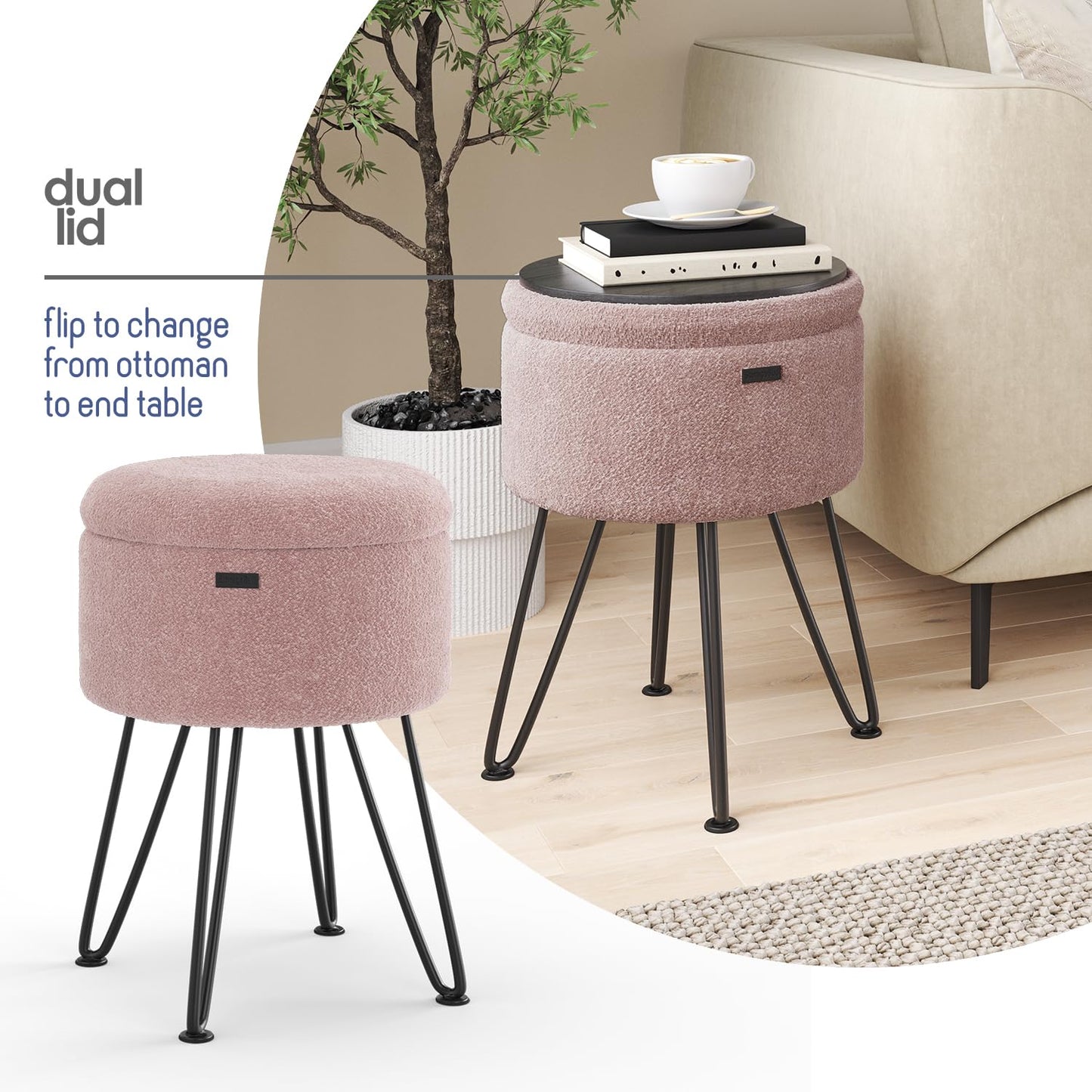 STORAGEBUD Round Ottoman with Storage, Boucle Storage Ottoman, Foot Stool Ottomans, Makeup Vanity Stool, Small Ottomans Foot Rest, Modern Vanity Stools for Living Room and Bedroom, Pink