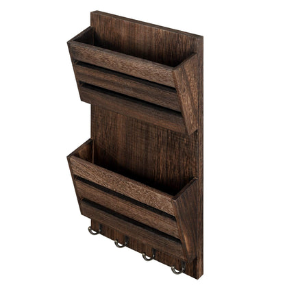 BTY Mail Holder for Wall, Wooden Mail Sorter with 4 Key Hooks, 2 Slot Wall Mounted Mail Sorter Letter Bills Newspaper Magazine Organizer for Entryroom Hallway Office Garage, Rustic Brown