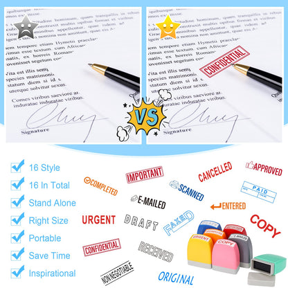 Crtiin 16 Pcs Office Stamp Set Message Self Inking Rubber Stamp Set for Office Stamps Completed Faxed Scanned Stamps for Message Supplies(Mixed Colors)