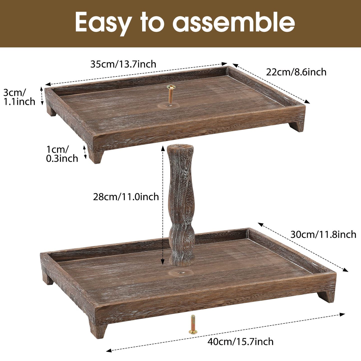 Yalikop Farmhouse Tiered Tray Stand - Wooden Rustic 2 Tier Rectangular Tray Serving Stand for House Kitchen Cake(Brown)